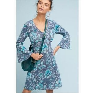 Anthropologie Maeve Floral Knit Fit Flare Mini Dress Blue Small